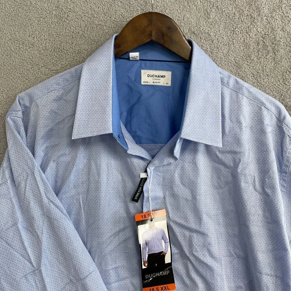 NEW Duchamp London Men's 18.5 XXL Slim Fit Dress Shirt Blue  Stretch Pattern